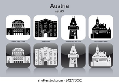 Landmarks of Austria. Set of monochrome icons. Editable vector illustration.