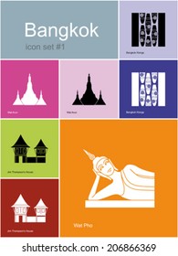 Lugares emblemáticos de Bangkok. Conjunto de iconos de color en estilo Metro. Ilustración vectorial editable.