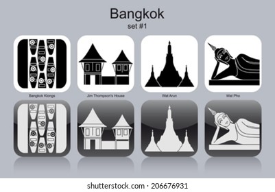 Lugares emblemáticos de Bangkok. Conjunto de iconos monocromos. Ilustración vectorial editable.