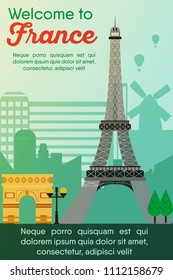 Landmarks banner in vector. Travel destinations card. Trip to France. Landscape template of world places of interest.