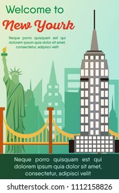 Landmarks banner in vector. Travel destinations card. Trip to New York. Landscape template of world places of interest.