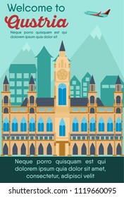 Landmarks banner in vector. Travel destinations card. Trip to Austria. Landscape template of world places of interest.