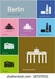 Landmarks of Berlin. Set of flat color icons in Metro style. Editable vector illustration.