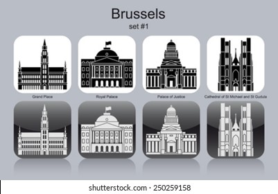 Landmarks of Brussels. Set of monochrome icons. Editable vector illustration.