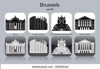 Landmarks of Brussels. Set of monochrome icons. Editable vector illustration.