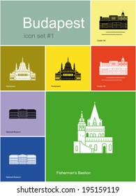 Landmarks of Budapest. Set of flat color icons in Metro style. Editable vector illustration. svg