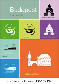 Landmarks of Budapest. Set of flat color icons in Metro style. Editable vector illustration.