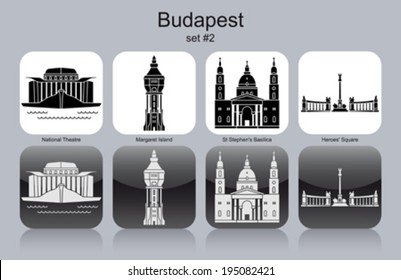 Landmarks of Budapest. Set of monochrome icons. Editable vector illustration.