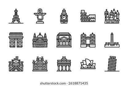 landmarks building monument historical city tourist destinnation icons. outline minimal style icon set