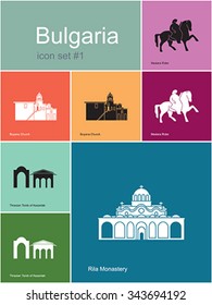 Landmarks of Bulgaria. Set of color icons in Metro style. Editable vector illustration.