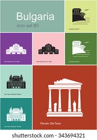 Landmarks of Bulgaria. Set of color icons in Metro style. Editable vector illustration.