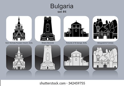 Landmarks of Bulgaria. Set of monochrome icons. Editable vector illustration.