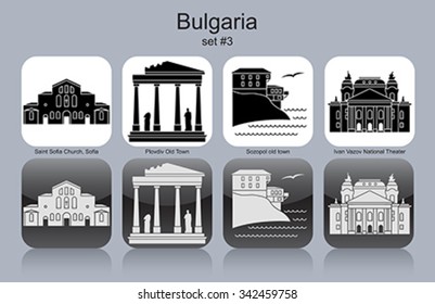 Landmarks of Bulgaria. Set of monochrome icons. Editable vector illustration.