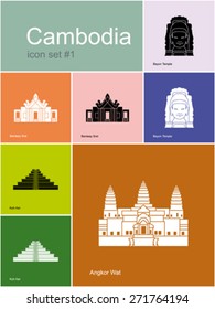 Landmarks of Cambodia. Set of color icons in Metro style. Editable vector illustration.