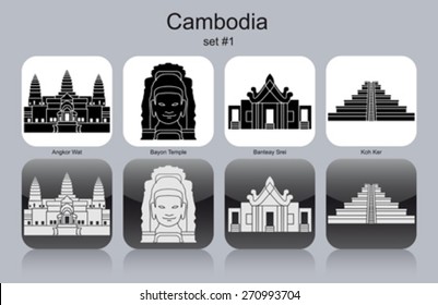 Landmarks of Cambodia. Set of monochrome icons. Editable vector illustration.