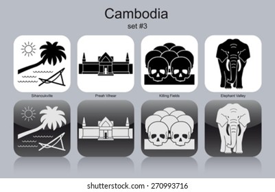 Landmarks of Cambodia. Set of monochrome icons. Editable vector illustration.