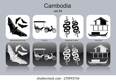 Landmarks of Cambodia. Set of monochrome icons. Editable vector illustration.