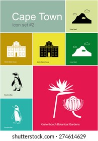 Landmarks of Cape Town. Set of color icons in Metro style. Editable vector illustration.