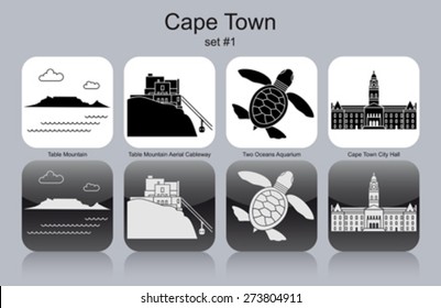 Landmarks of Cape Town. Set of monochrome icons. Editable vector illustration.