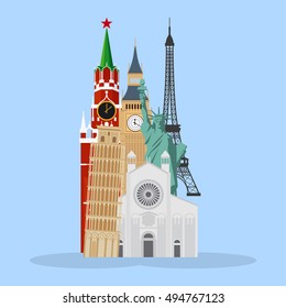 Landmarks cartoon illustration on light blue background. Vector illustration