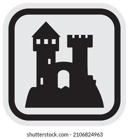 landmarks, castle with towers, vector icon, black silhouette at gray and black frame