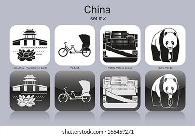 Landmarks of China. Set of monochrome icons. Editable vector illustration.