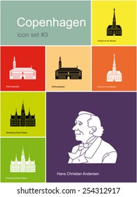 Landmarks of Copenhagen. Set of color icons in Metro style. Editable vector illustration.