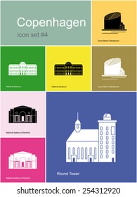 Landmarks of Copenhagen. Set of color icons in Metro style. Editable vector illustration.