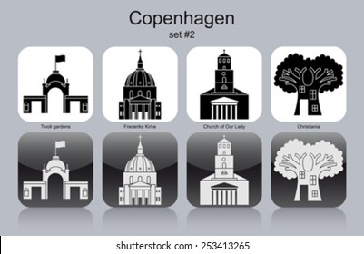 Landmarks of Copenhagen. Set of monochrome icons. Editable vector illustration.