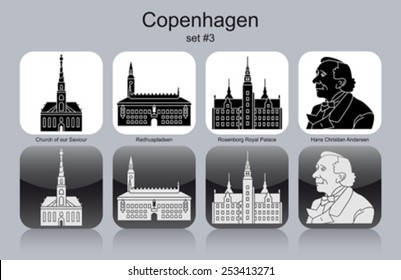 Landmarks of Copenhagen. Set of monochrome icons. Editable vector illustration.