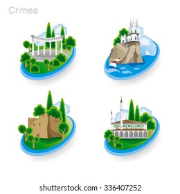 Landmarks of Crimea. Set of color icons. Drawing vector illustration