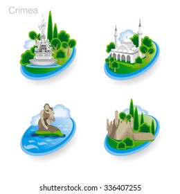 Landmarks of Crimea. Set of color icons. Drawing vector illustration