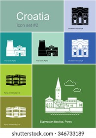 Landmarks of Croatia. Set of color icons in Metro style. Editable vector illustration.