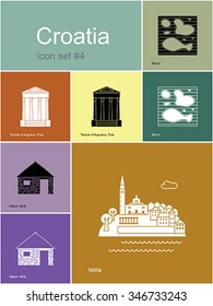 Landmarks of Croatia. Set of color icons in Metro style. Editable vector illustration.
