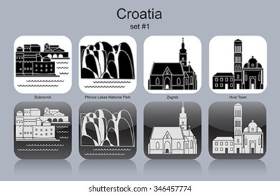 Landmarks of Croatia. Set of monochrome icons. Editable vector illustration.