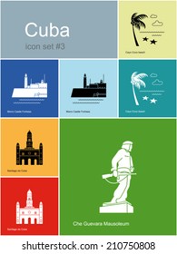 Lugares emblemáticos de Cuba. Conjunto de iconos de color en estilo Metro. Ilustración vectorial editable.