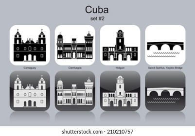 Lugares emblemáticos de Cuba. Conjunto de iconos monocromos. Ilustración vectorial editable.