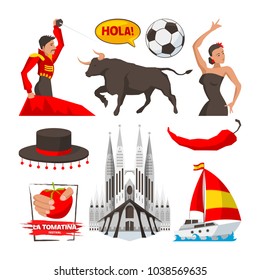 Landmarks and cultural objects and symbols of spain barcelona. Vector spain culture, illustration of tourism spanish, building and corrida