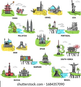 Un conjunto de hitos de diferentes países del mundo. Iconos de la ciudad establecidos.