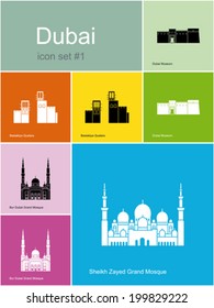 Landmarks of Dubai. Set of color icons in Metro style. Editable vector illustration.