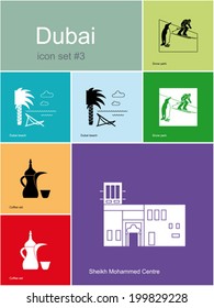 Landmarks of Dubai. Set of color icons in Metro style. Editable vector illustration.