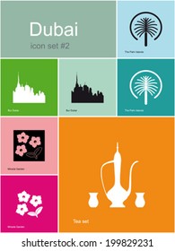 Landmarks of Dubai. Set of color icons in Metro style. Editable vector illustration.