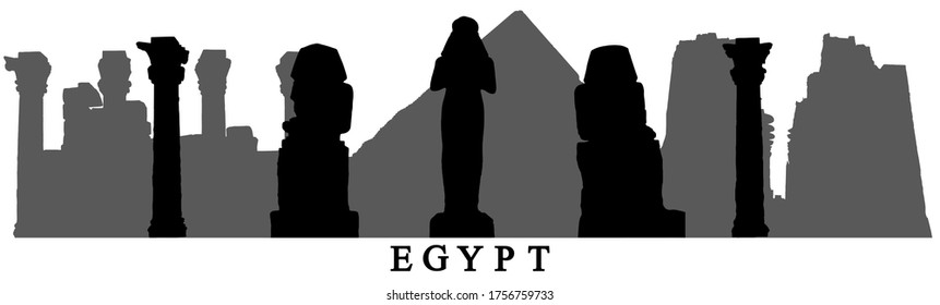 Lugares emblemáticos de Egipto, siluetas de estatuas, pirámides, columnas, ruinas, etc. Ilustración vectorial.