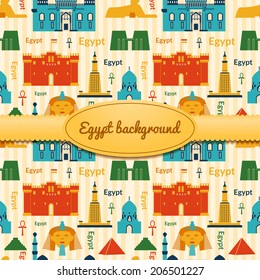 Landmarks of Egypt vector background in flat style with ribbon and label