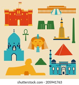Landmarks of Egypt vector colorful flat objects set