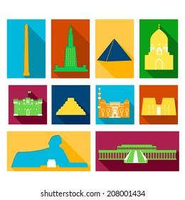 Landmarks of Egypt vector colorful simple flat  rectangular icons  with long drop shadows set