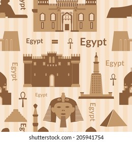 Landmarks of Egypt vector monochrome seamless pattern in flat style