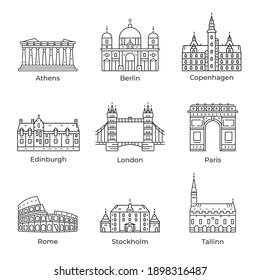 Landmarks of europe cities Athens, Berlin, Copenhagen, Edinburgh, London, Paris, Rome, Stockholm, Tallinn, France, Greece, Italy and other vector icons.