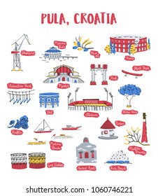 Landmarks, famous local foods and places of interest of Pula, Croatia. Set of vector icons in inky doodle style. Great for tour guides, travel magazine, tourist products and postcards. svg