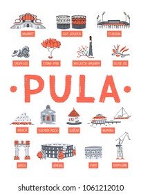 Landmarks, famous local foods and places of interest of Pula, Croatia. Set of vector icons in inky doodle style. Great for tour guides, travel magazine, tourist products and postcards.